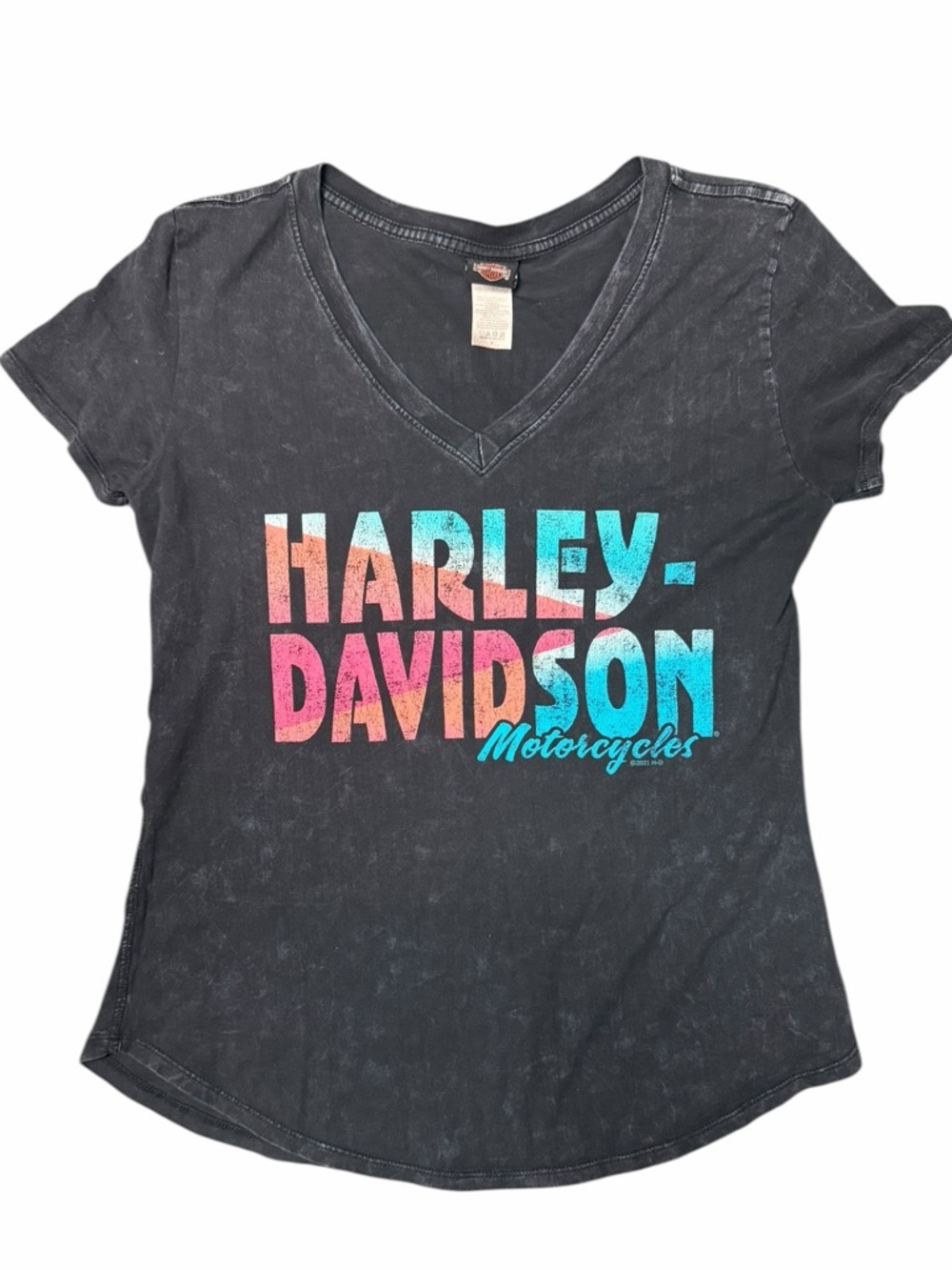 Harley-Davidson Acid Wash V-Neck // Retro Neon Goodyear AZ Biker Tee S